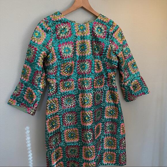 Manoush Sequin Teal Blue Unique Fitted Crochet Pattern Long Sleeve Mini Dress XS - Picture 9 of 14